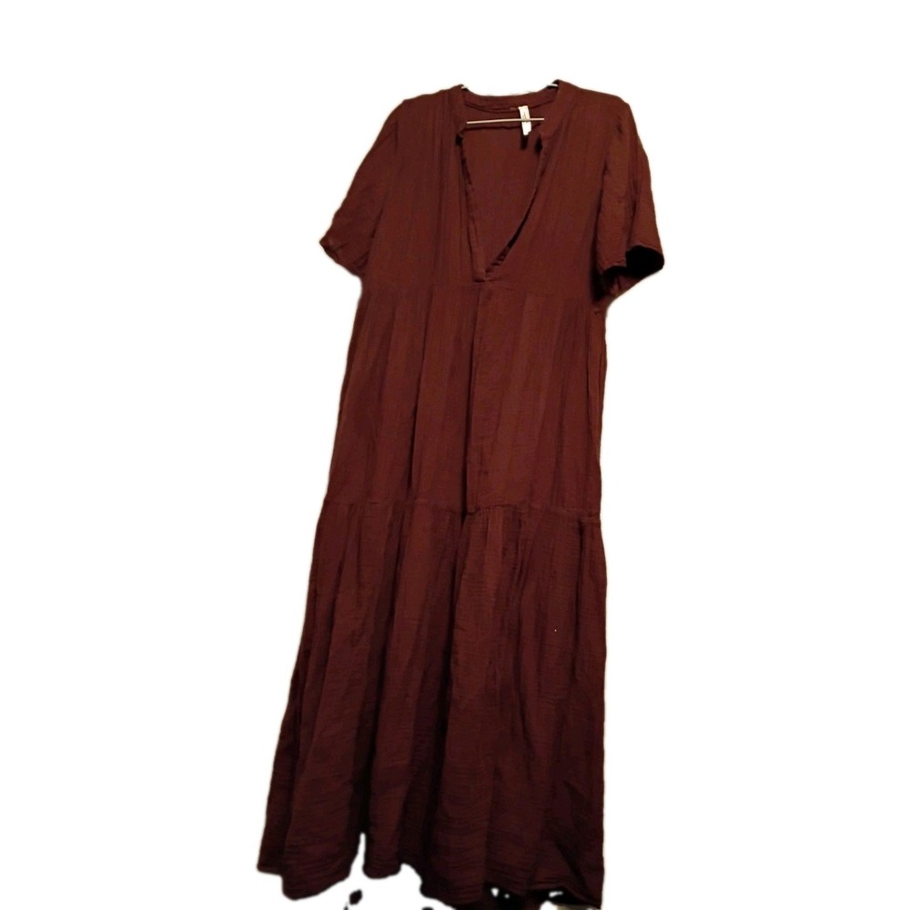 Anthropologie Brown V-Neck Pin-Tucked Dip Hem Cotton Midi Dress Medium